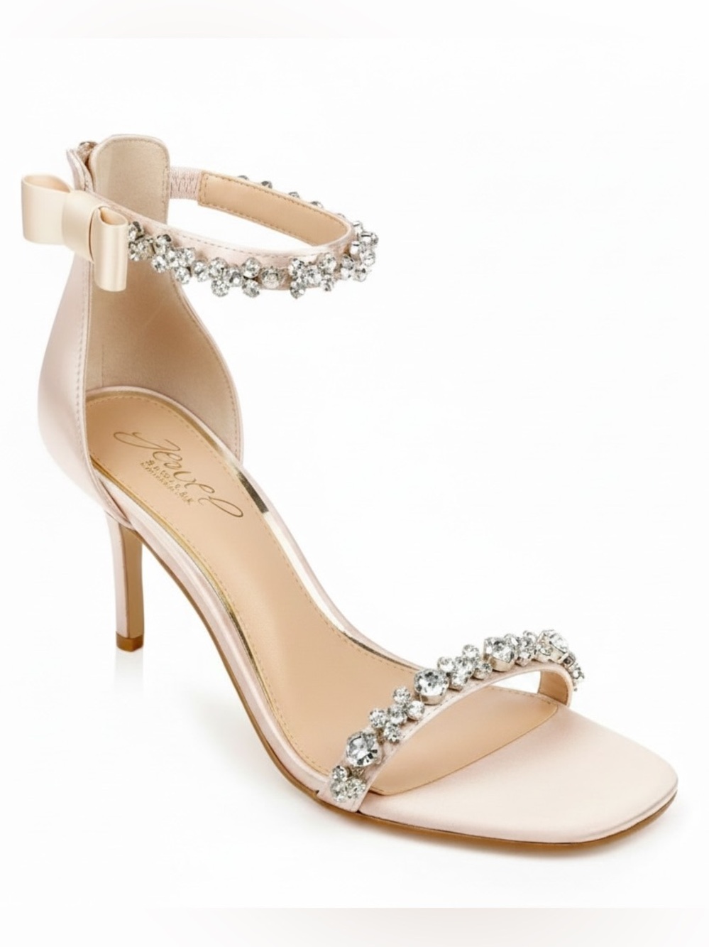 Jewel Badgley Mischka Champagne Satin Rhinestone Bow Heels Size 7.5